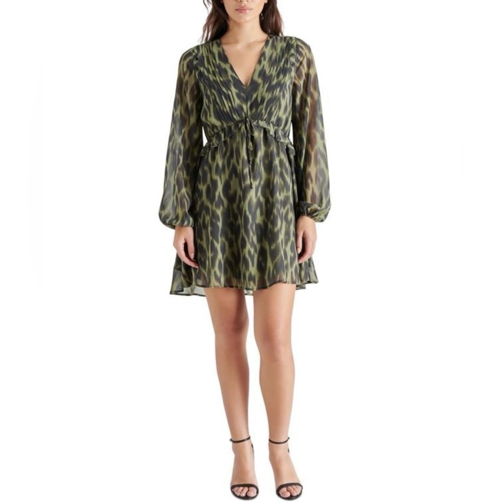 Steve Madden Long-Sleeve Olive Green Printed V-Neck Mini Dress